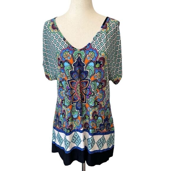 Boston Proper Paisley Boho Stretchy Cold Shoulder V Neck Short Sleeve Top M - Picture 1 of 7